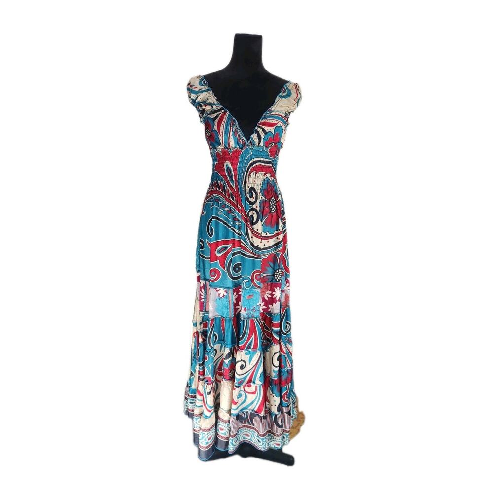 Women's Homemade Bohemian Floral Smocked Tiered Off Shoulder Maxi Dress OS